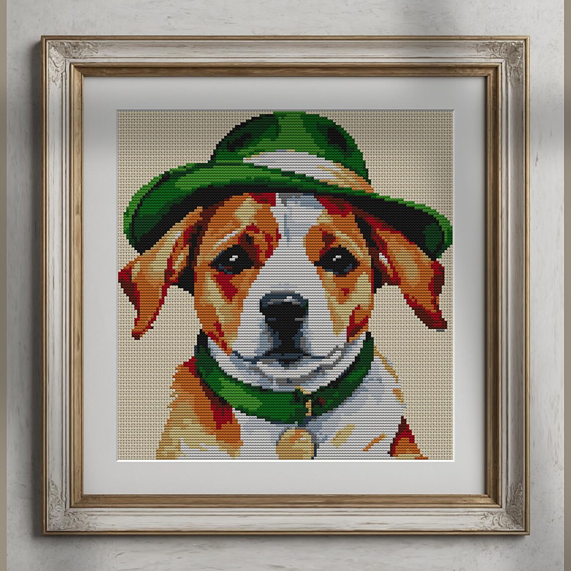 dog-green-hat alternative framed cross stitch mockup, realistic finished embroidery presentation