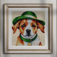 dog-green-hat alternative framed cross stitch mockup, realistic finished embroidery presentation