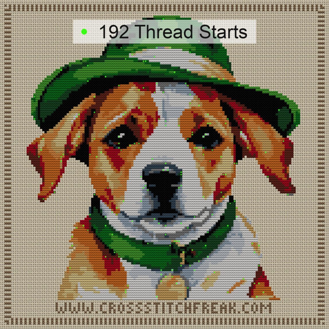 dog-green-hat cross stitch start point map with highlighted thread start positions in the full design