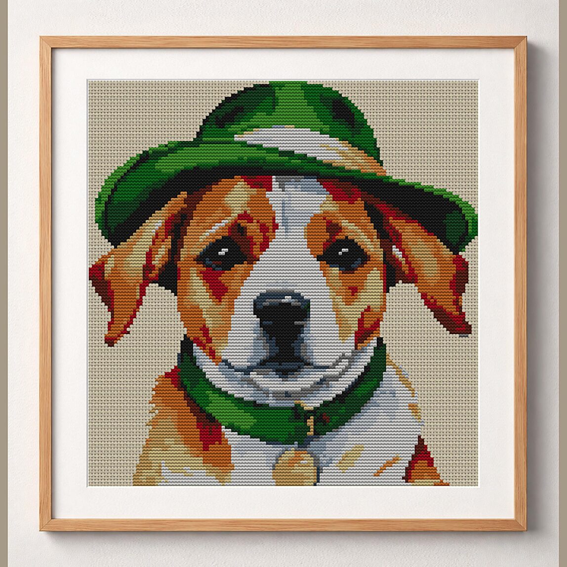 dog-green-hat framed cross stitch mockup, realistic finished embroidery design, PDF pattern digital download