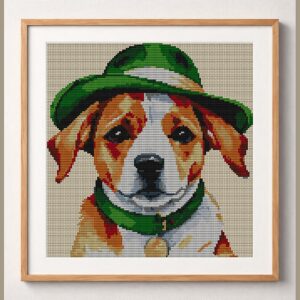 dog-green-hat framed cross stitch mockup, realistic finished embroidery design, PDF pattern digital download