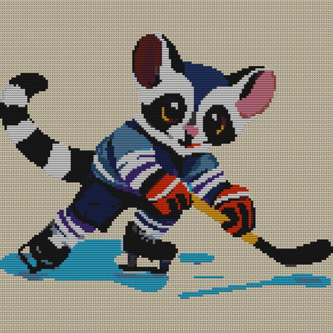 lemur-hockey full cross stitch design mockup without frame, realistic embroidery preview