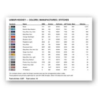 lemur-hockey thread color chart with DMC, Anchor, Sullivans, J&P Coats and Maxi color references