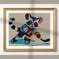 lemur-hockey alternative framed cross stitch mockup, realistic finished embroidery presentation