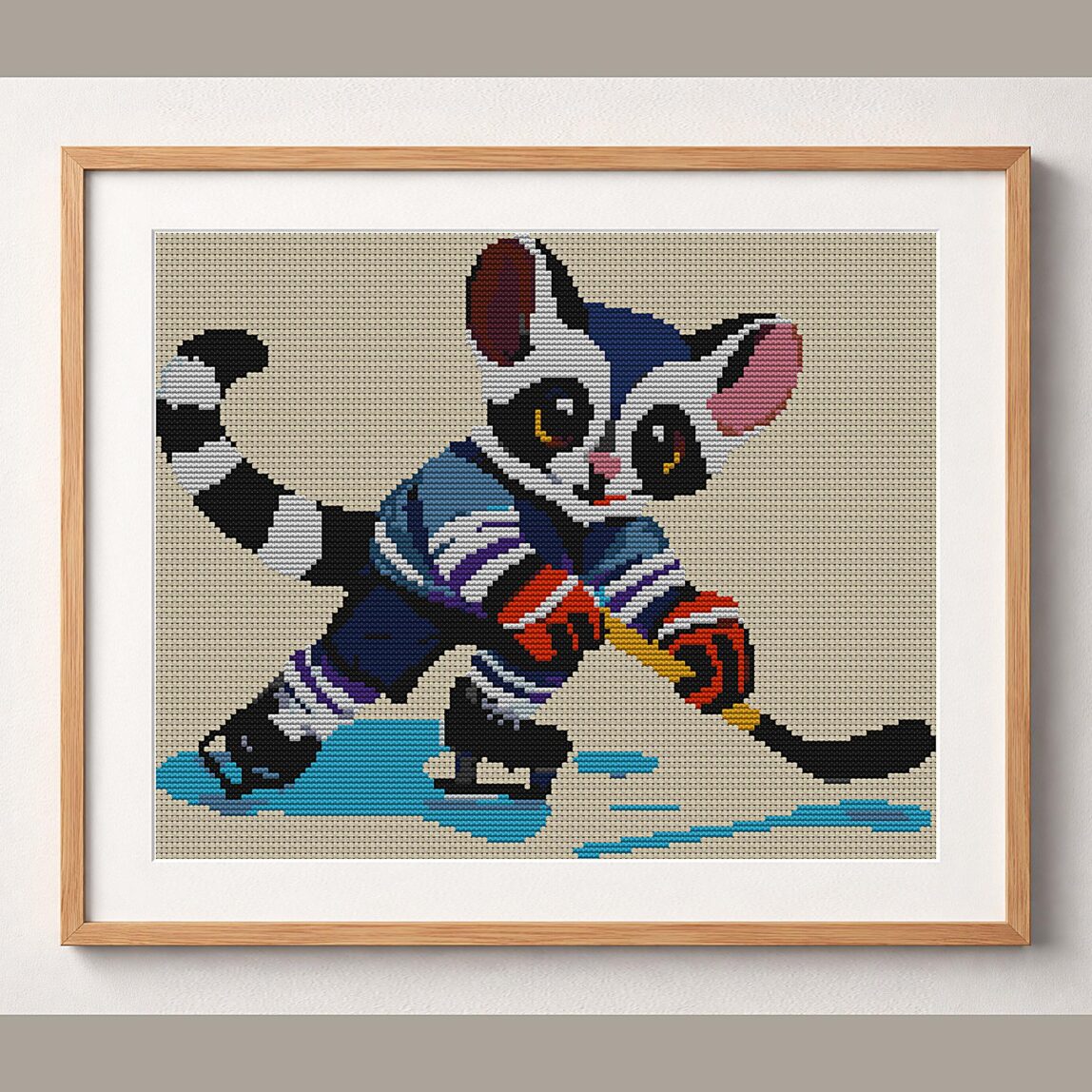 lemur-hockey framed cross stitch mockup, realistic finished embroidery design, PDF pattern digital download