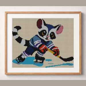 lemur-hockey framed cross stitch mockup, realistic finished embroidery design, PDF pattern digital download