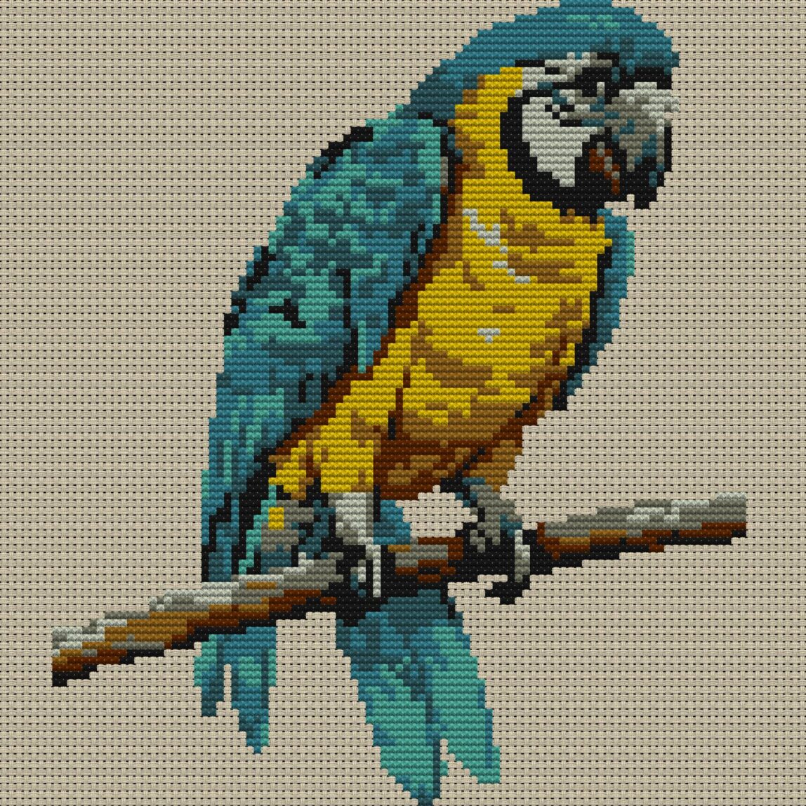 macaw-parrot full cross stitch design mockup without frame, realistic embroidery preview