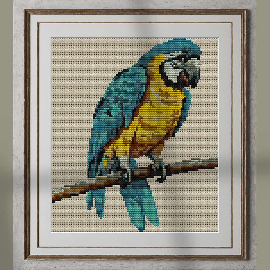 macaw-parrot alternative framed cross stitch mockup, realistic finished embroidery presentation