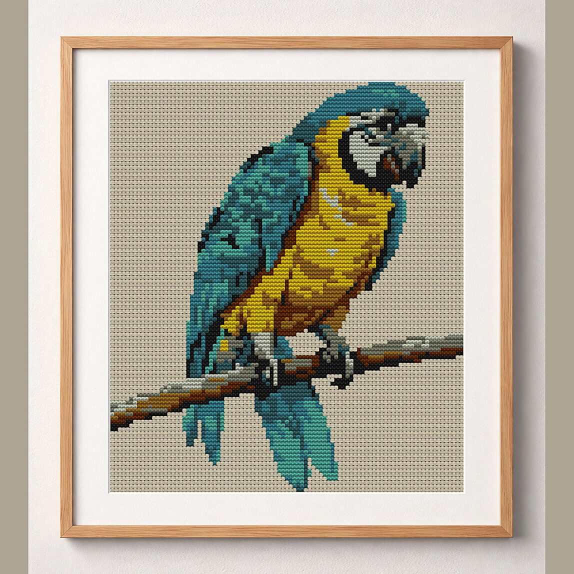 macaw-parrot framed cross stitch mockup, realistic finished embroidery design, PDF pattern digital download