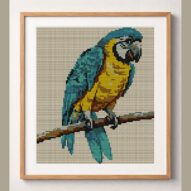 macaw-parrot framed cross stitch mockup, realistic finished embroidery design, PDF pattern digital download