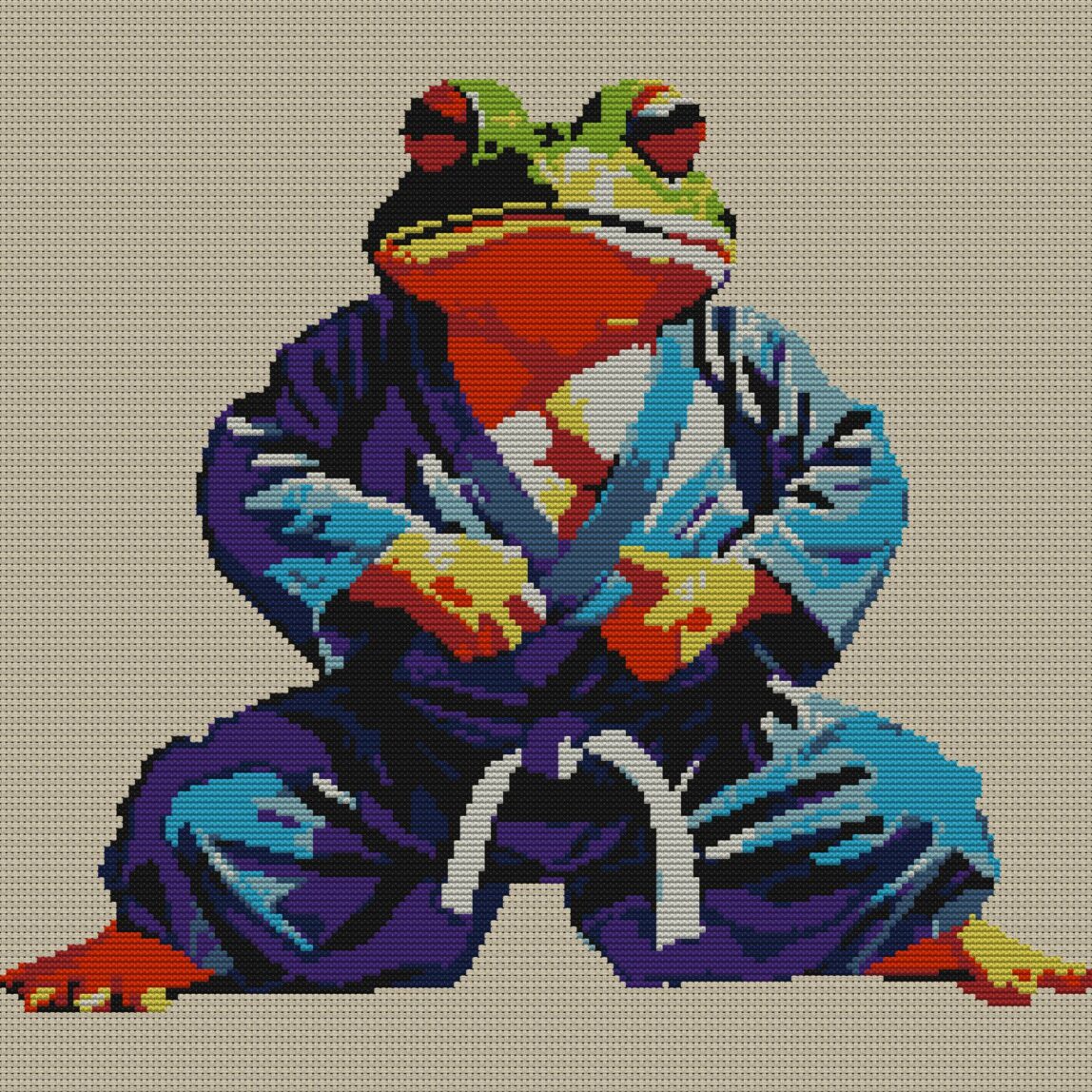 frog-karate full cross stitch design mockup without frame, realistic embroidery preview