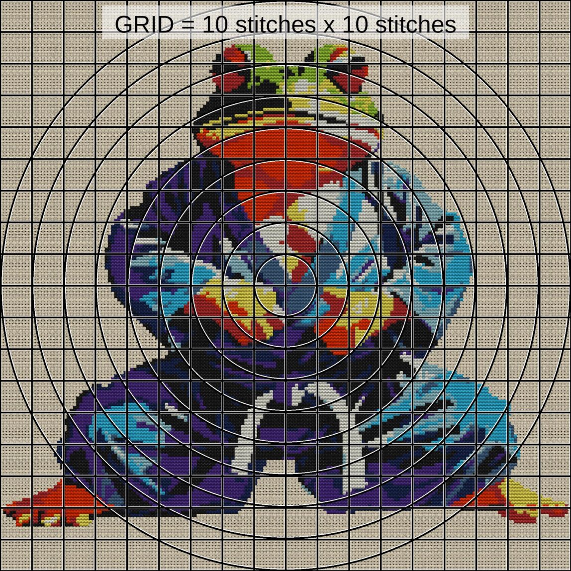 frog-karate close-up cross stitch detail showing color changes, confetti areas and stitch texture