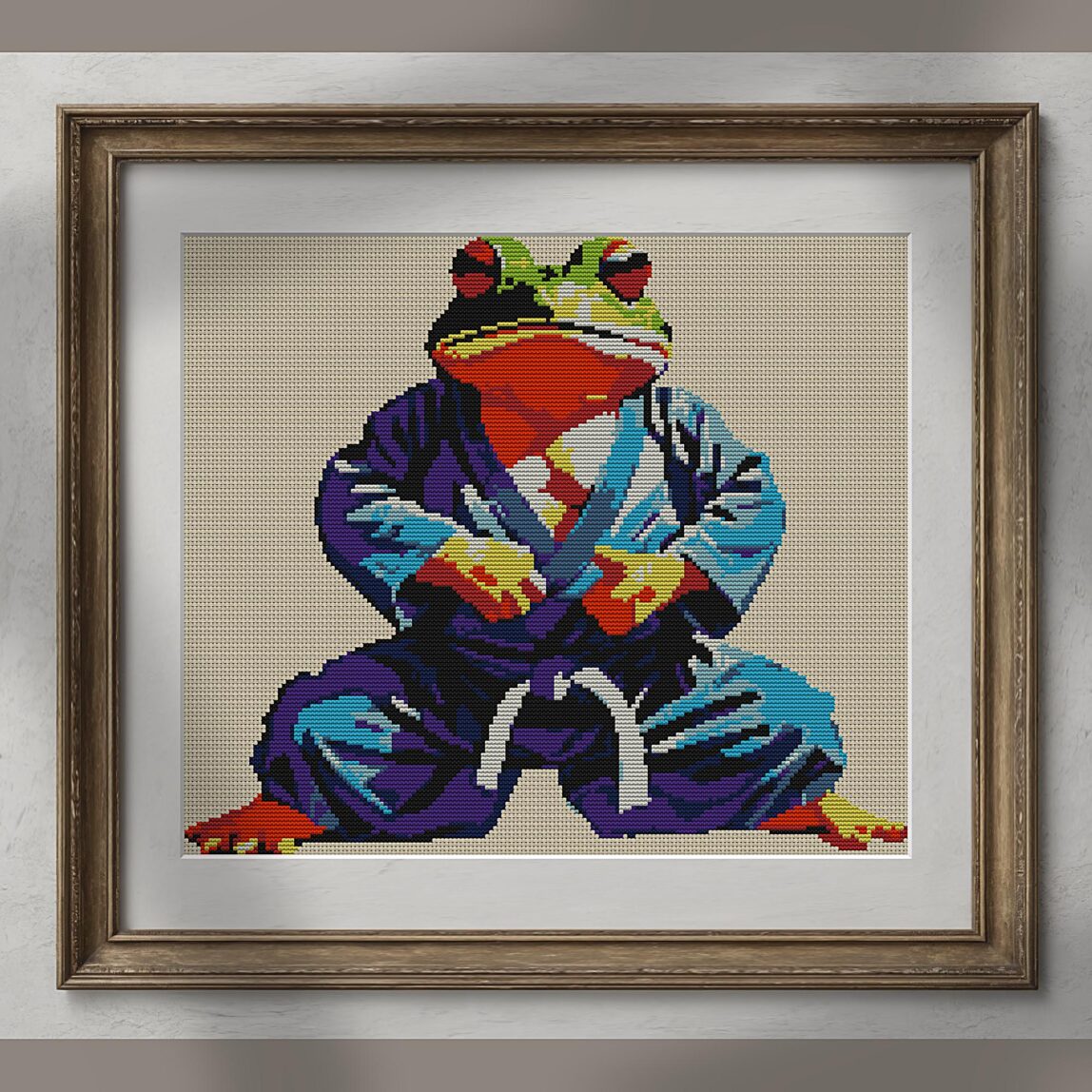 frog-karate alternative framed cross stitch mockup, realistic finished embroidery presentation