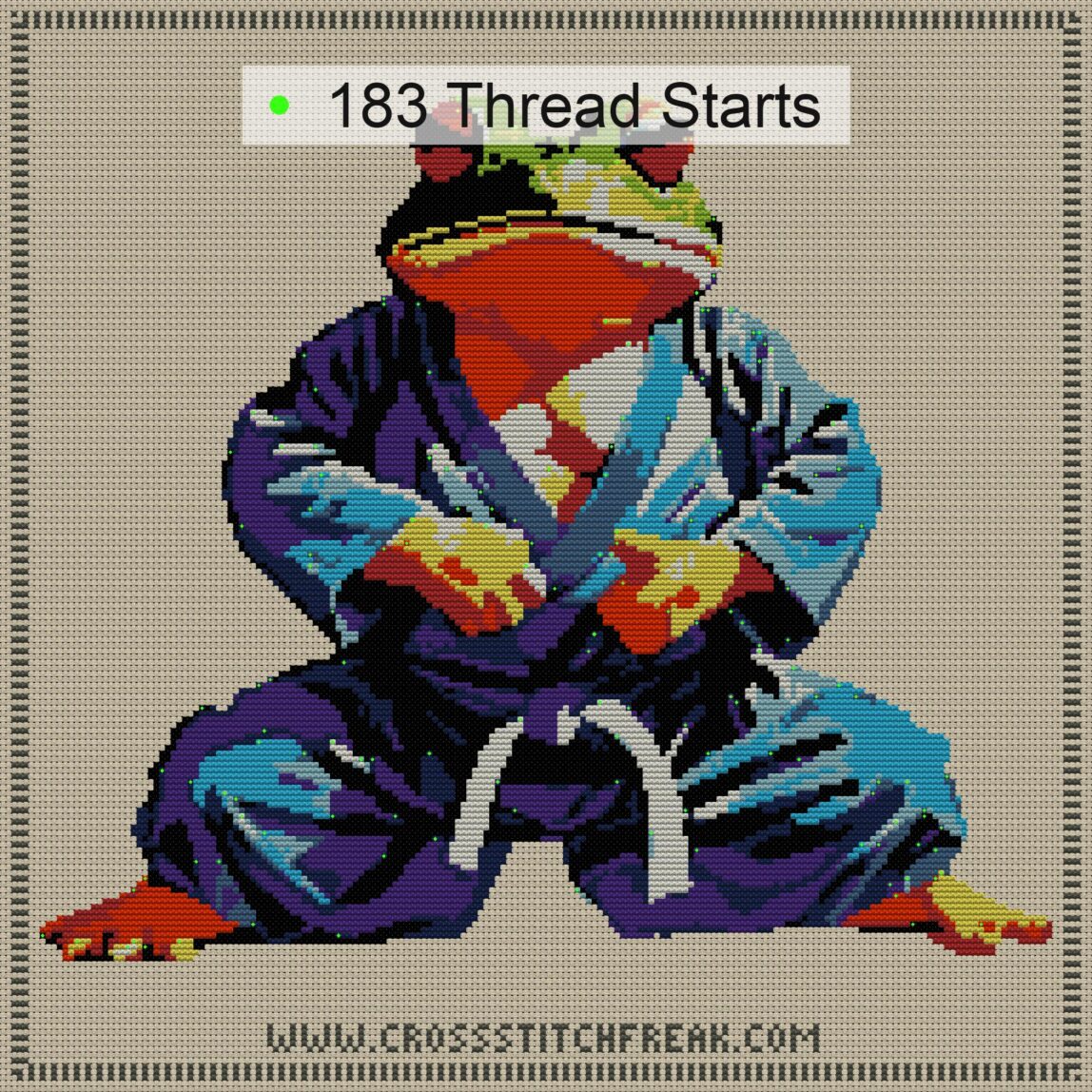 frog-karate cross stitch start point map with highlighted thread start positions in the full design