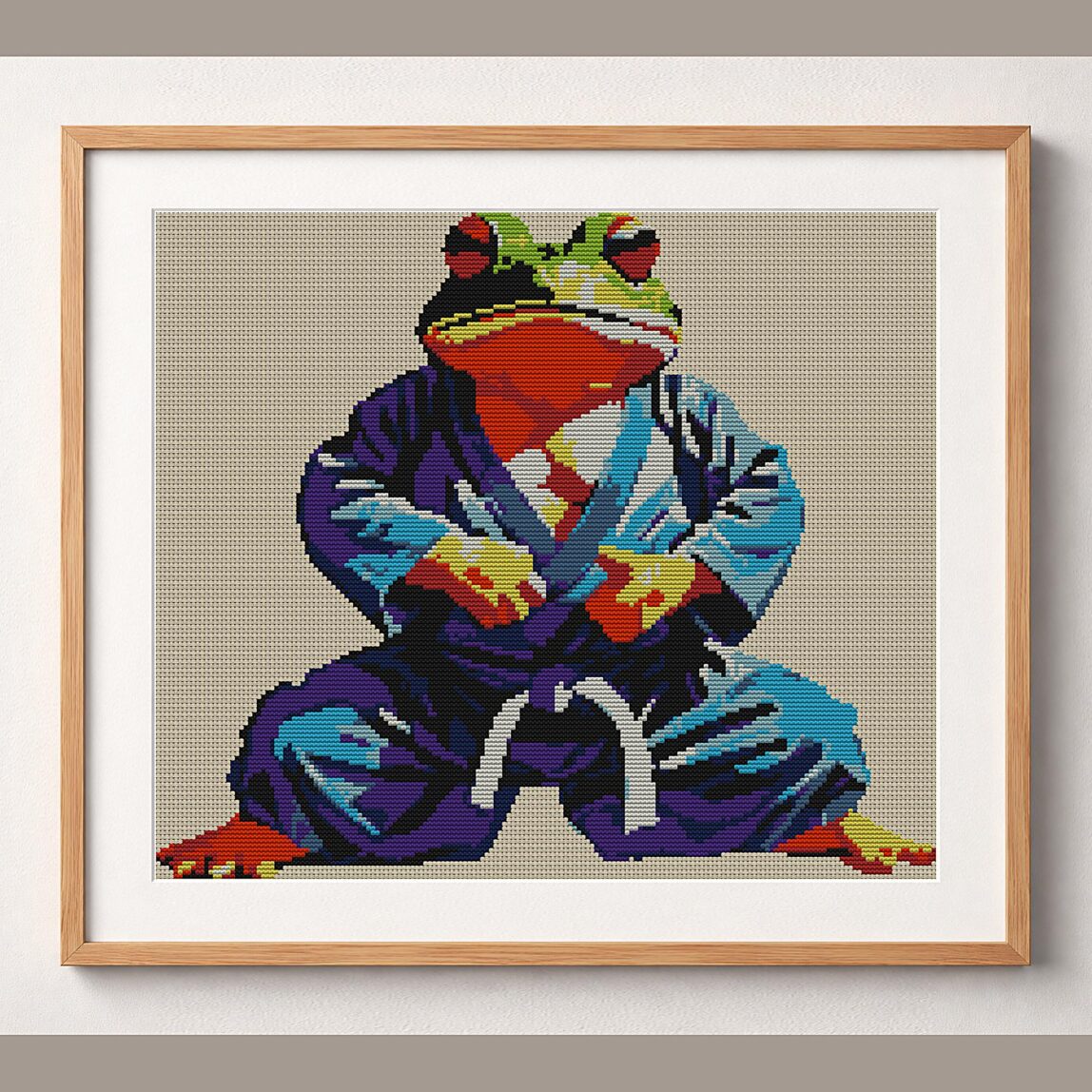 frog-karate framed cross stitch mockup, realistic finished embroidery design, PDF pattern digital download
