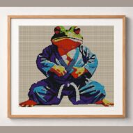 frog-karate framed cross stitch mockup, realistic finished embroidery design, PDF pattern digital download