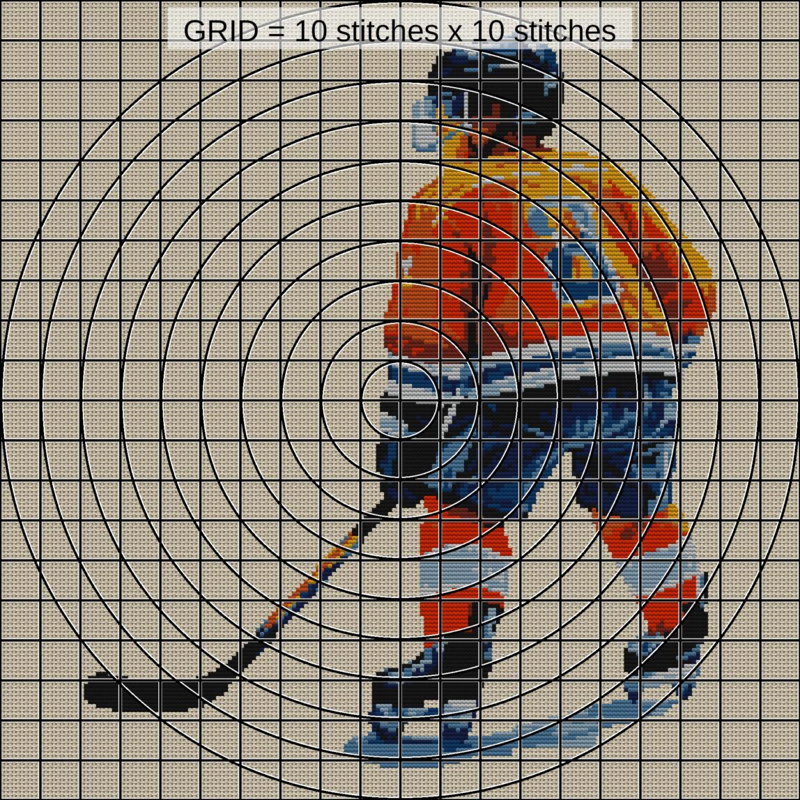 young-hockey-player close-up cross stitch detail showing color changes, confetti areas and stitch texture