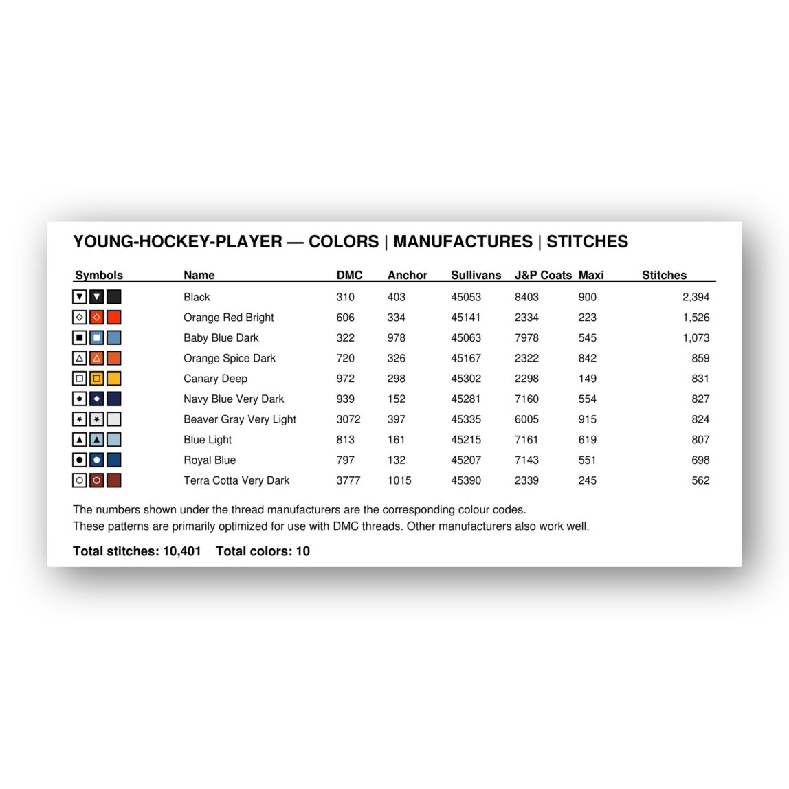 young-hockey-player thread color chart with DMC, Anchor, Sullivans, J&P Coats and Maxi color references