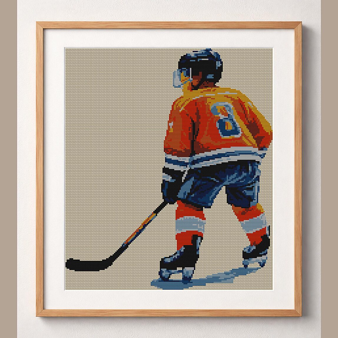 young-hockey-player framed cross stitch mockup, realistic finished embroidery design, PDF pattern digital download