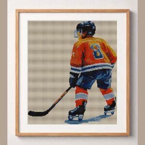 young-hockey-player framed cross stitch mockup, realistic finished embroidery design, PDF pattern digital download