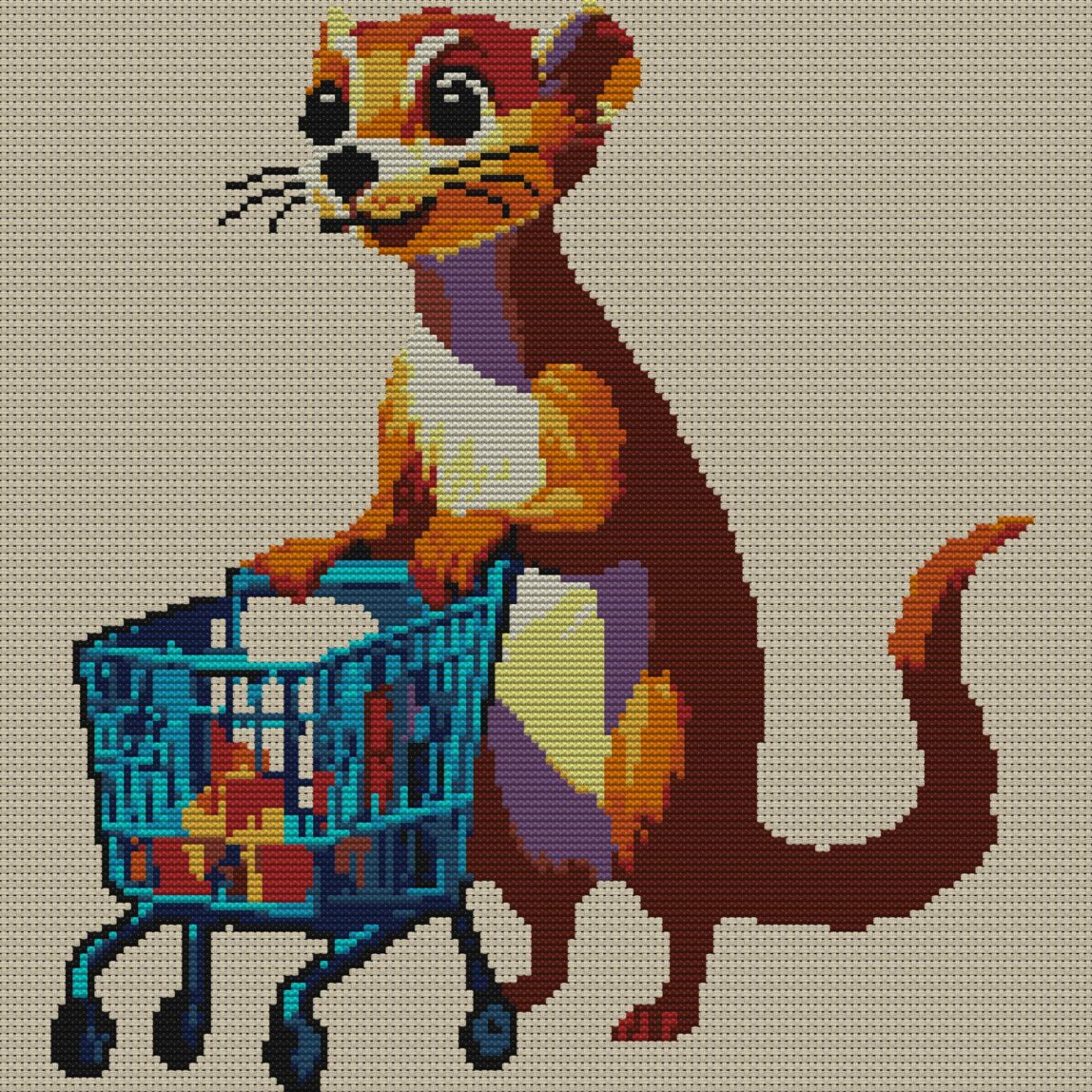 ferret-shopping-cart full design mockup without frame ferret-shopping-cart full cross stitch design mockup without frame, realistic embroidery preview