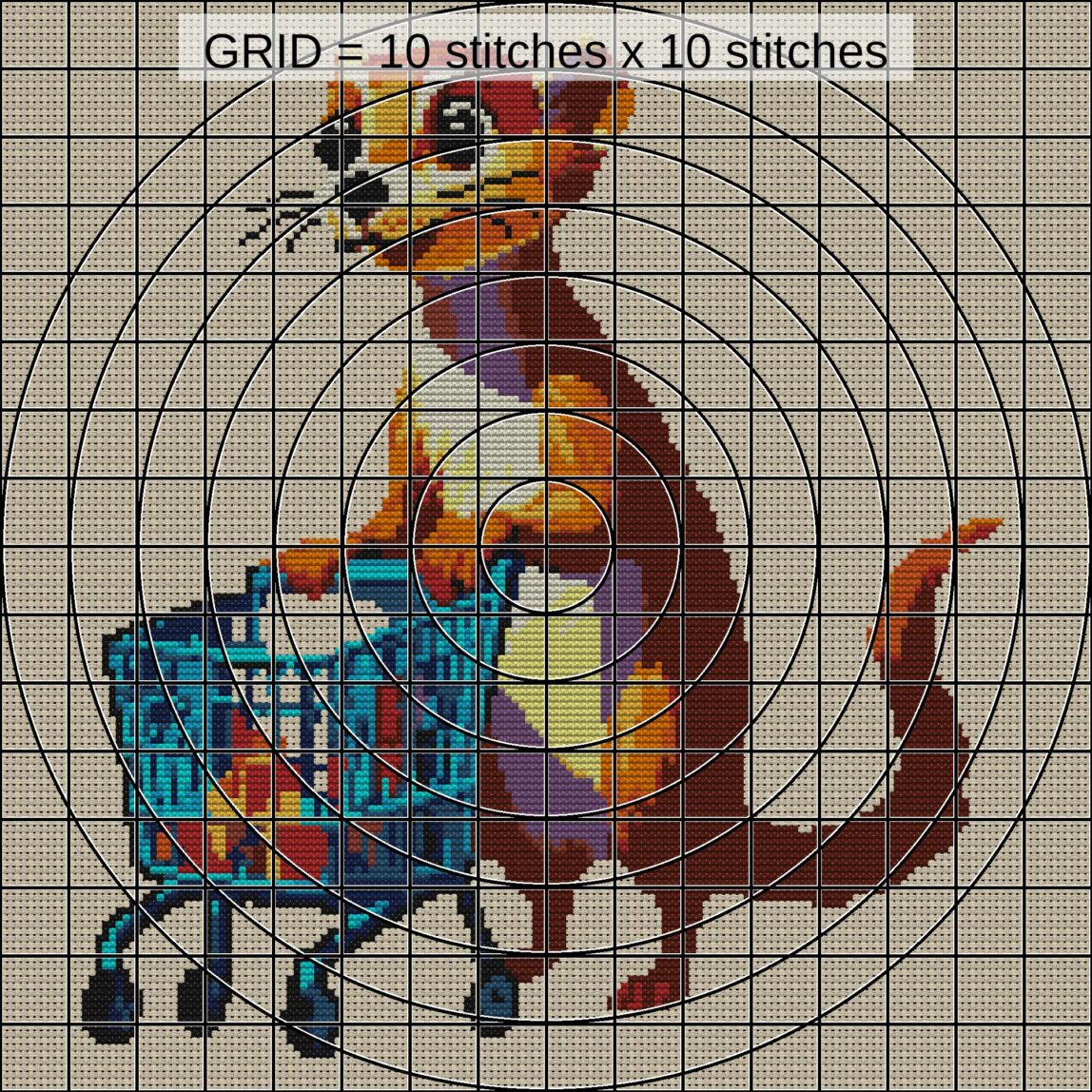 ferret-shopping-cart zoomed stitching detail ferret-shopping-cart close-up cross stitch detail showing color changes, confetti areas and stitch texture