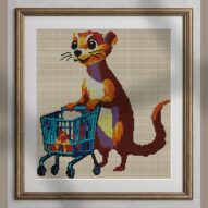 ferret-shopping-cart alternative framed cross stitch mockup, realistic finished embroidery presentation