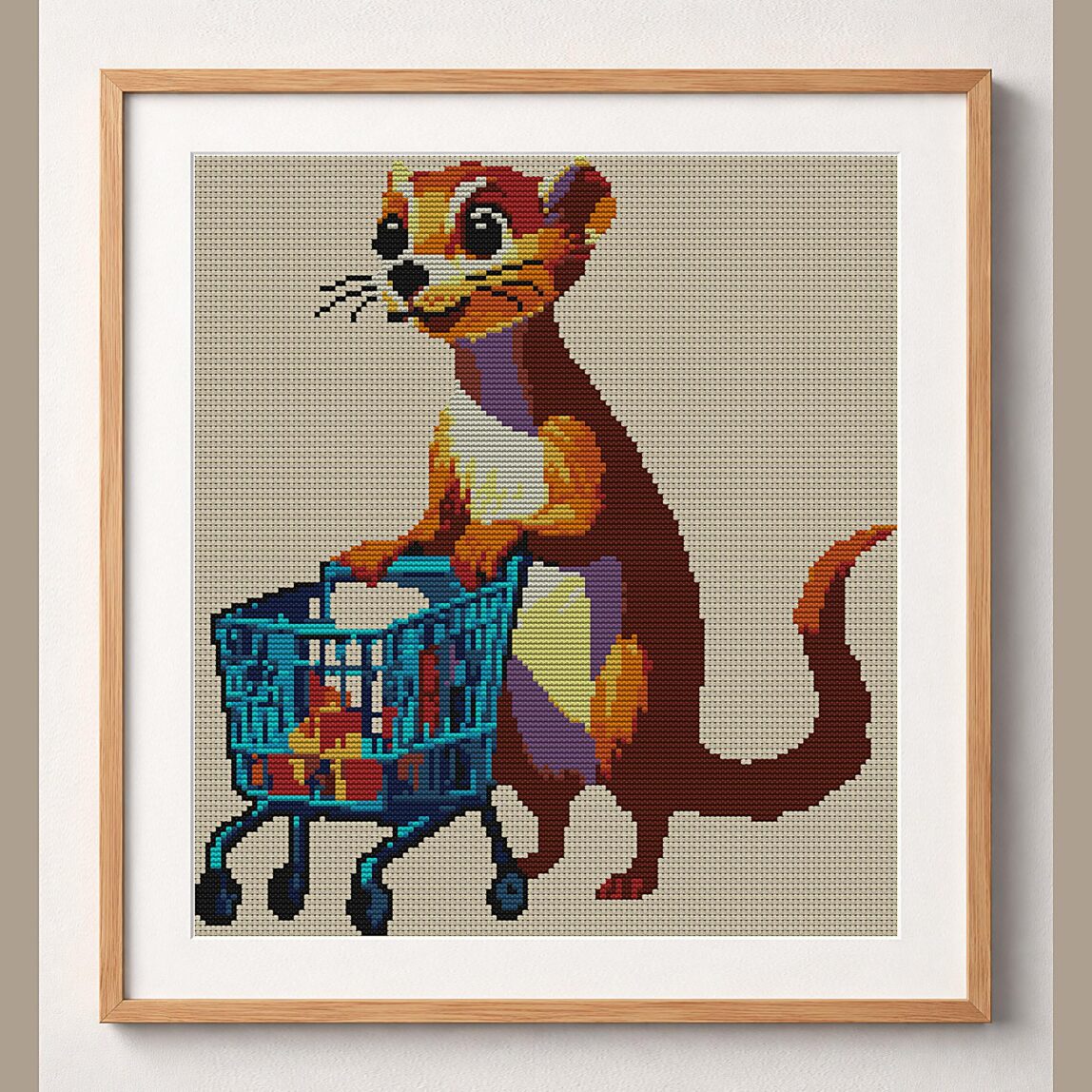 ferret-shopping-cart framed cross stitch mockup ferret-shopping-cart framed cross stitch mockup, realistic finished embroidery design, PDF pattern digital download