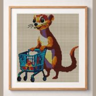 ferret-shopping-cart framed cross stitch mockup, realistic finished embroidery design, PDF pattern digital download