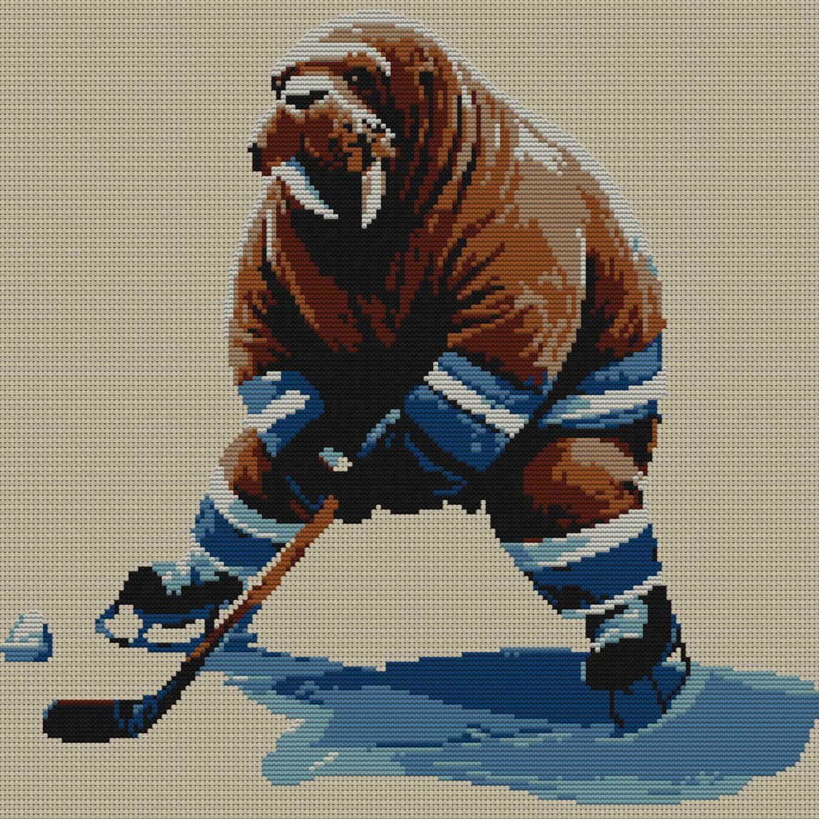 walrus-hockey full cross stitch design mockup without frame, realistic embroidery preview