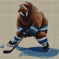 walrus-hockey full cross stitch design mockup without frame, realistic embroidery preview