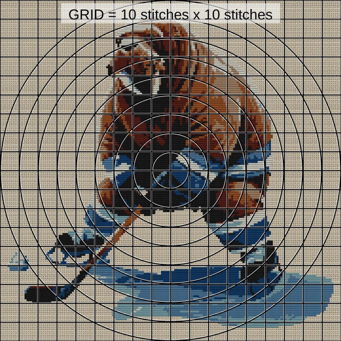walrus-hockey close-up cross stitch detail showing color changes, confetti areas and stitch texture