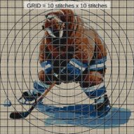 walrus-hockey close-up cross stitch detail showing color changes, confetti areas and stitch texture