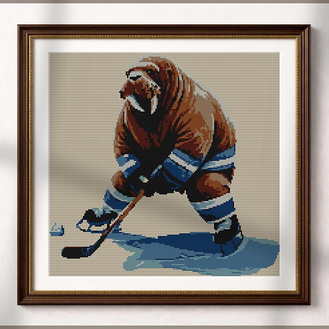 walrus-hockey alternative framed cross stitch mockup, realistic finished embroidery presentation