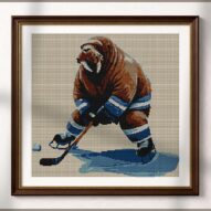 walrus-hockey alternative framed cross stitch mockup, realistic finished embroidery presentation
