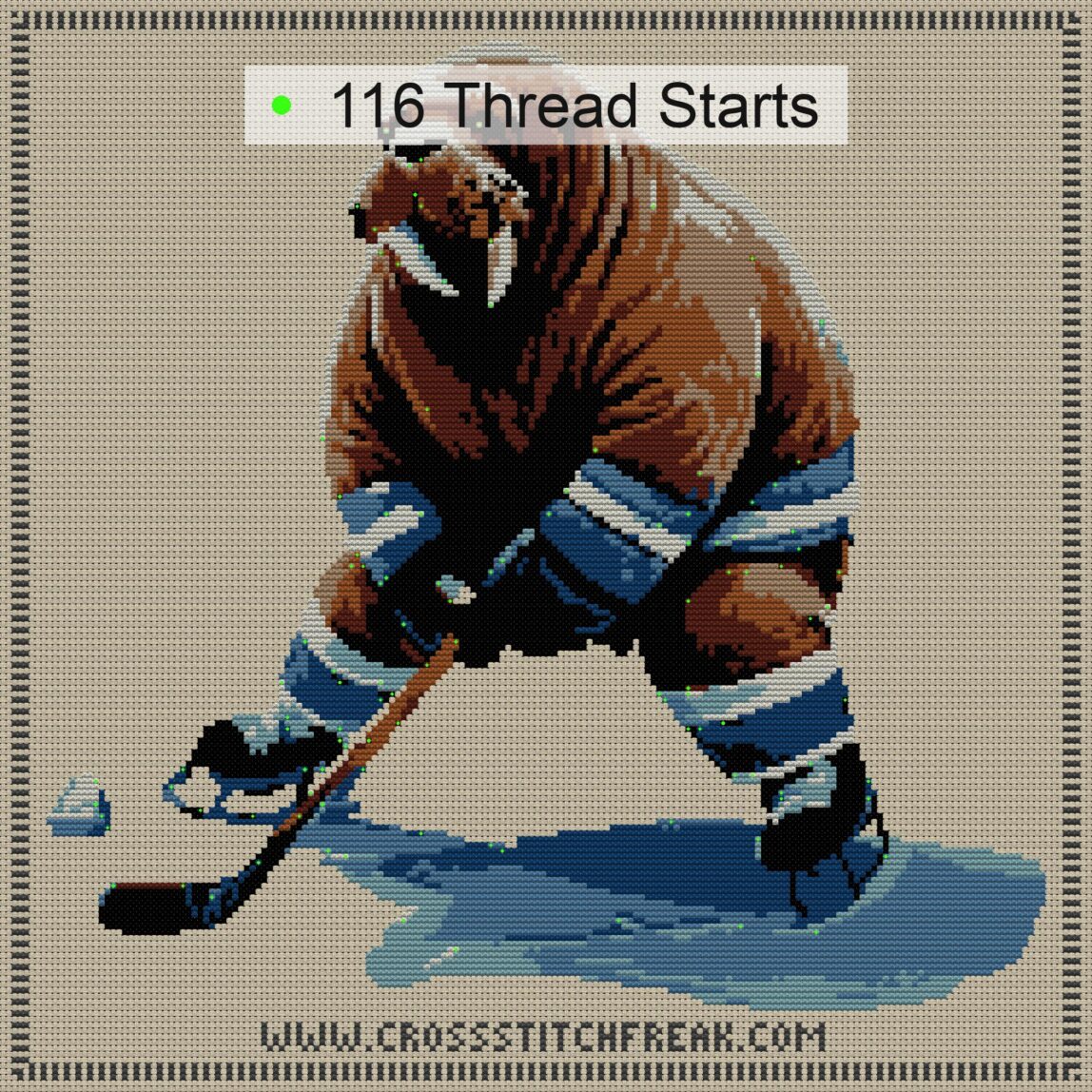 walrus-hockey cross stitch start point map with highlighted thread start positions in the full design