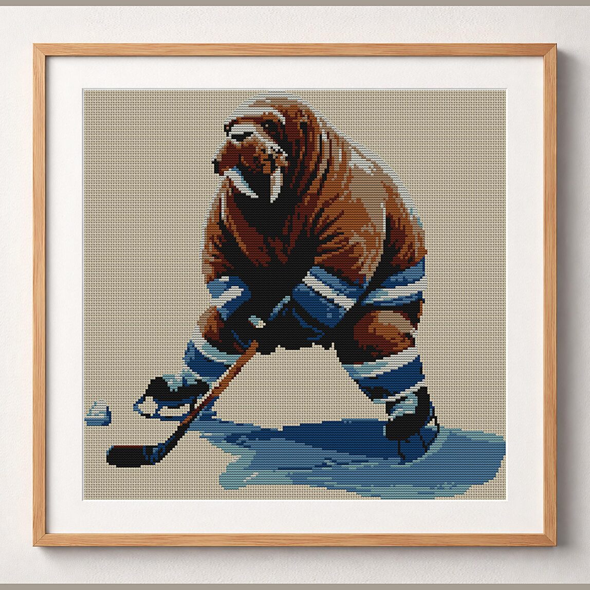 walrus-hockey framed cross stitch mockup, realistic finished embroidery design, PDF pattern digital download