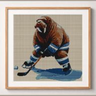 walrus-hockey framed cross stitch mockup, realistic finished embroidery design, PDF pattern digital download