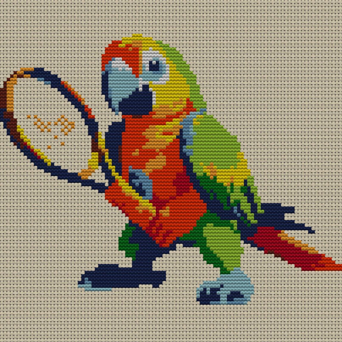 colorful-parrot-tennis full cross stitch design mockup without frame, realistic embroidery preview