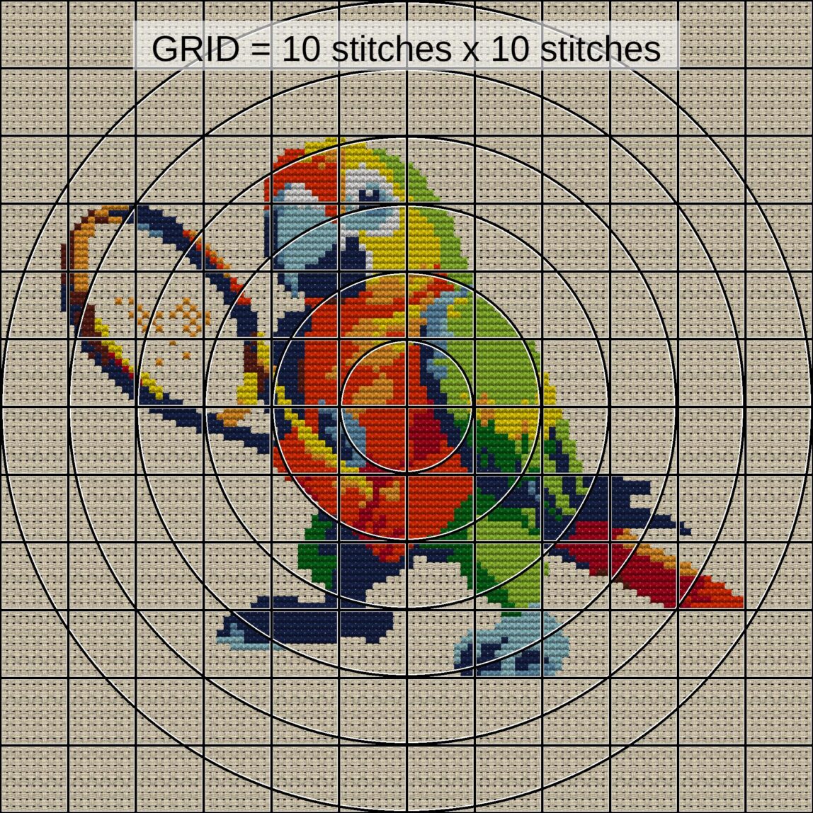 colorful-parrot-tennis close-up cross stitch detail showing color changes, confetti areas and stitch texture