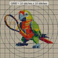 colorful-parrot-tennis close-up cross stitch detail showing color changes, confetti areas and stitch texture