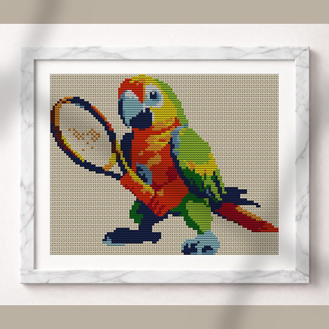 colorful-parrot-tennis alternative framed cross stitch mockup, realistic finished embroidery presentation