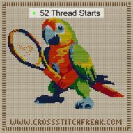 colorful-parrot-tennis cross stitch start point map with highlighted thread start positions in the full design