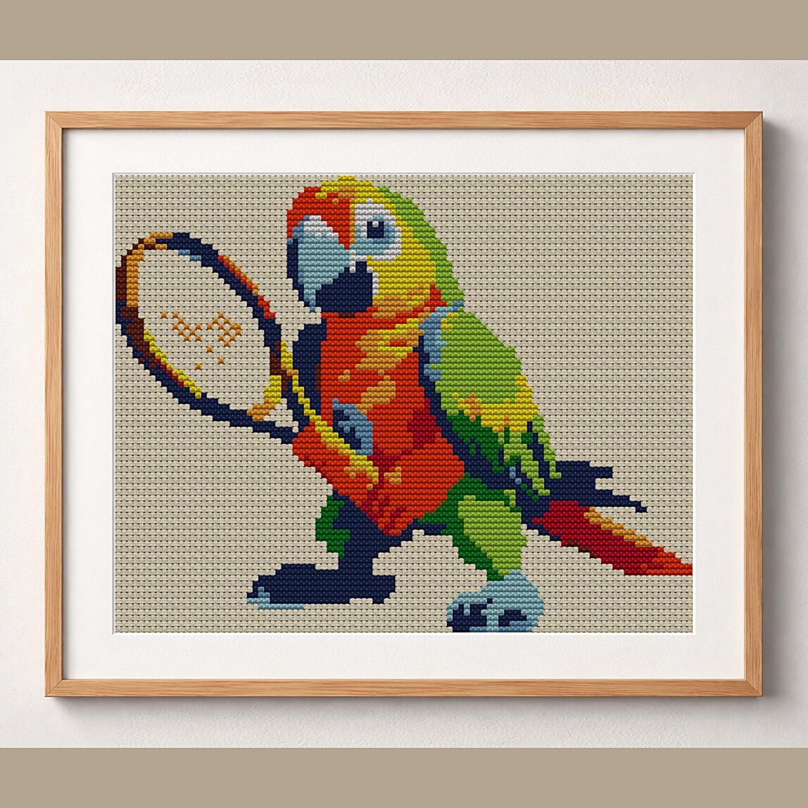 colorful-parrot-tennis framed cross stitch mockup, realistic finished embroidery design, PDF pattern digital download