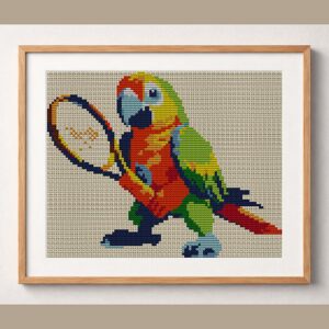 colorful-parrot-tennis framed cross stitch mockup, realistic finished embroidery design, PDF pattern digital download