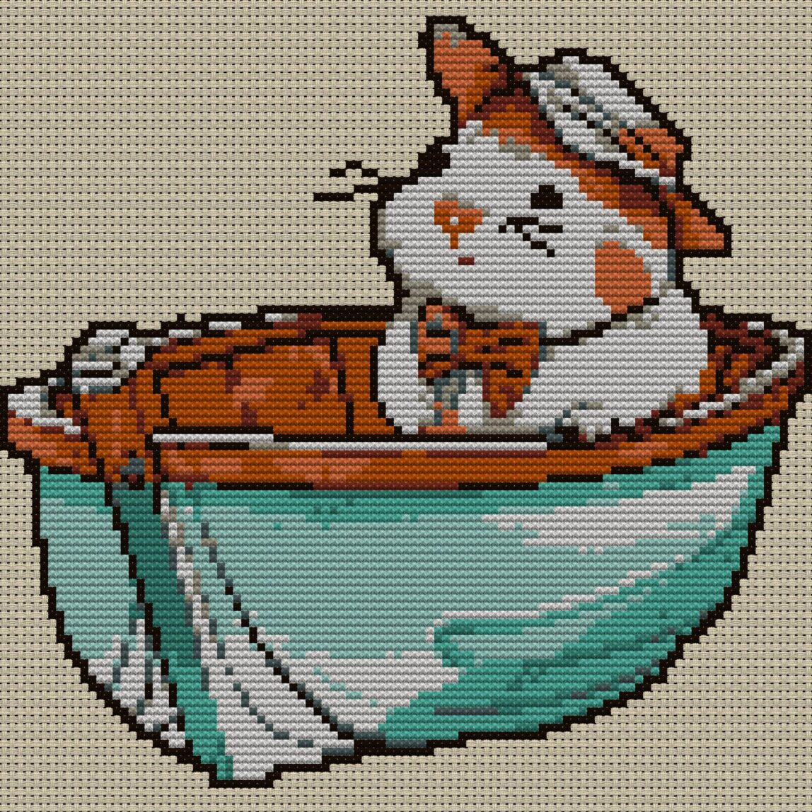 hamster-boat full cross stitch design mockup without frame, realistic embroidery preview