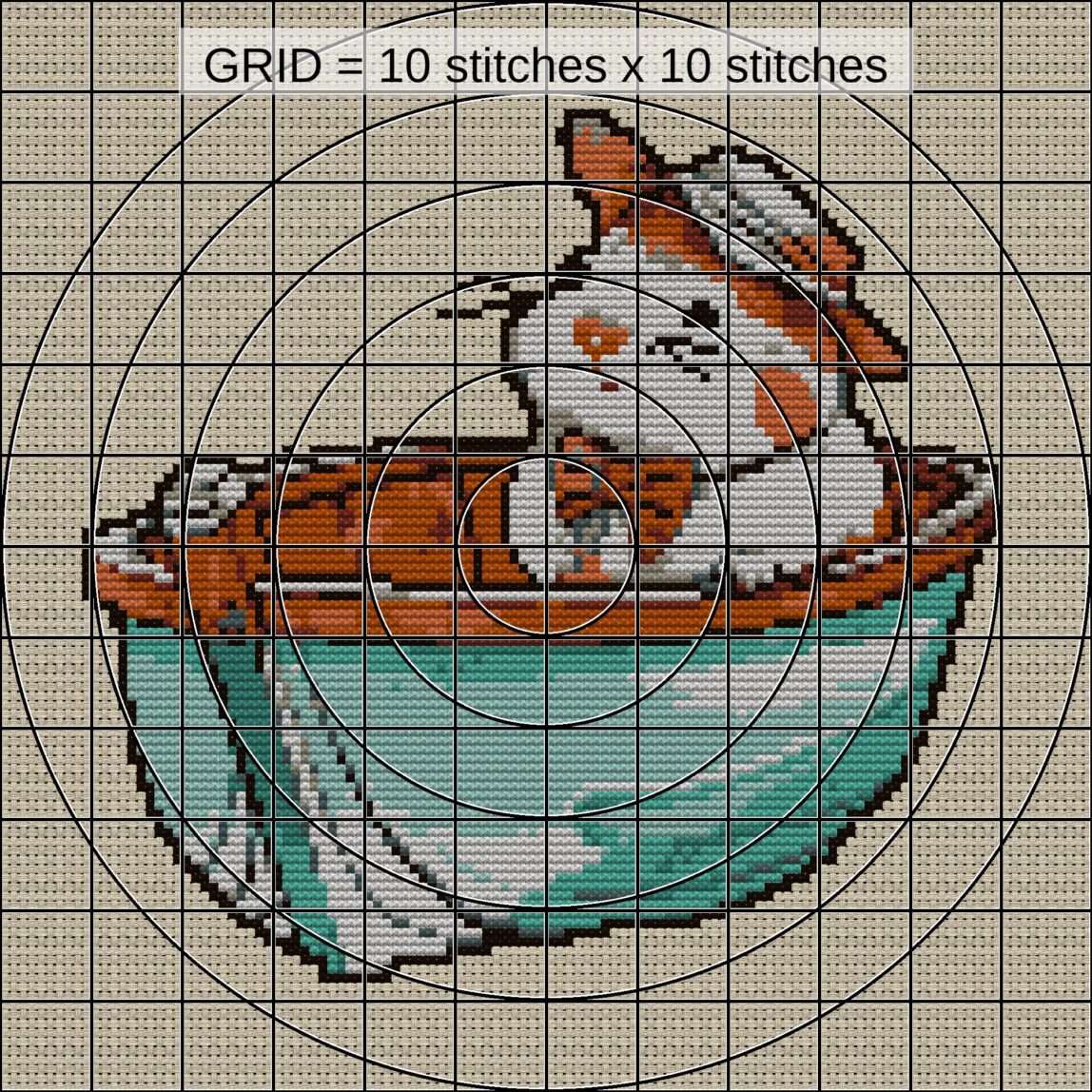 hamster-boat close-up cross stitch detail showing color changes, confetti areas and stitch texture