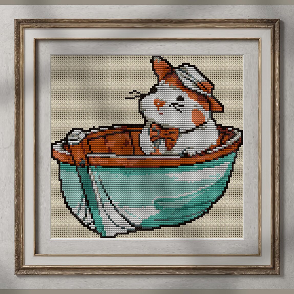 hamster-boat alternative framed cross stitch mockup, realistic finished embroidery presentation
