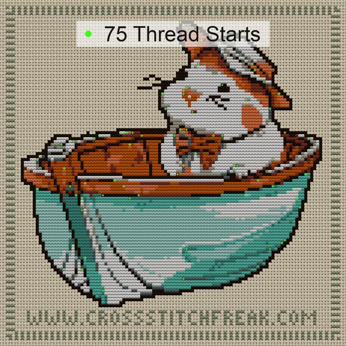 hamster-boat cross stitch start point map with highlighted thread start positions in the full design
