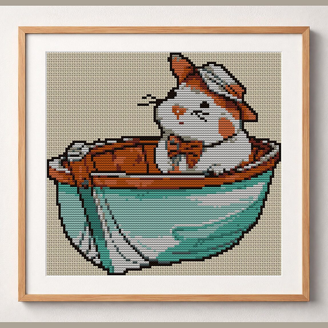 hamster-boat framed cross stitch mockup, realistic finished embroidery design, PDF pattern digital download